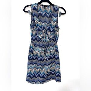 BeBop Chevron Blue Sleeveless Tie Waist Sundress V-Neck Elastic, Size S